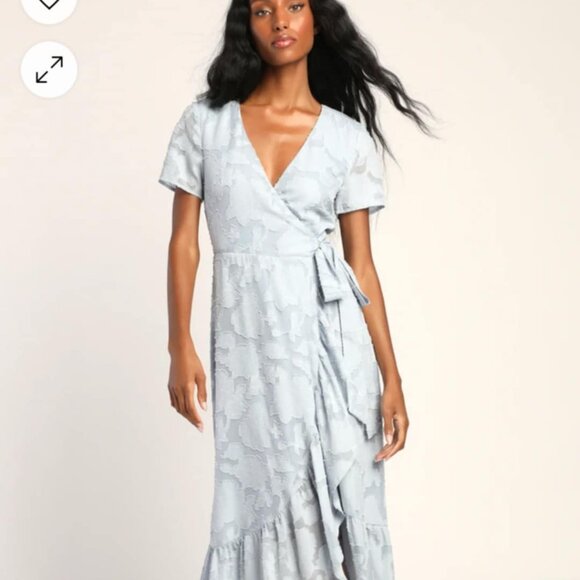 Lulu's Light Blue Jacquard Midi Wrap Dress - Picture 3 of 5